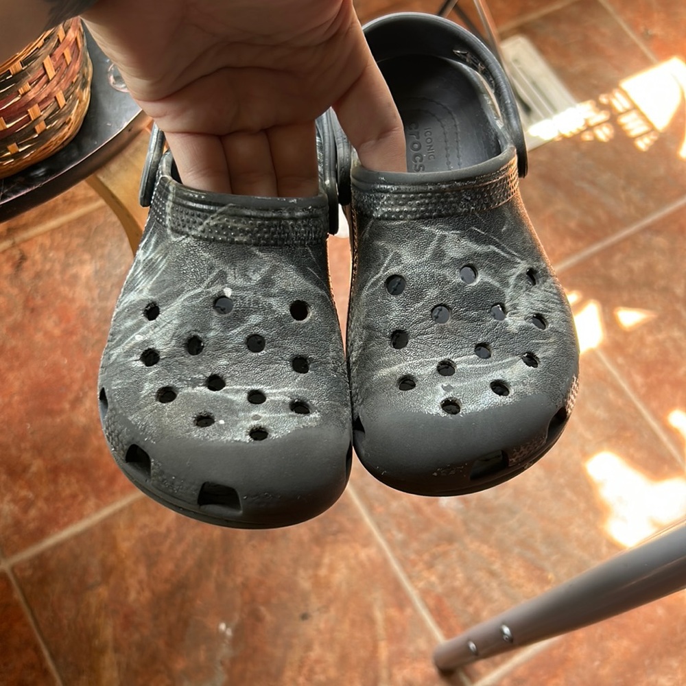 Black and grey tie dye crocs
